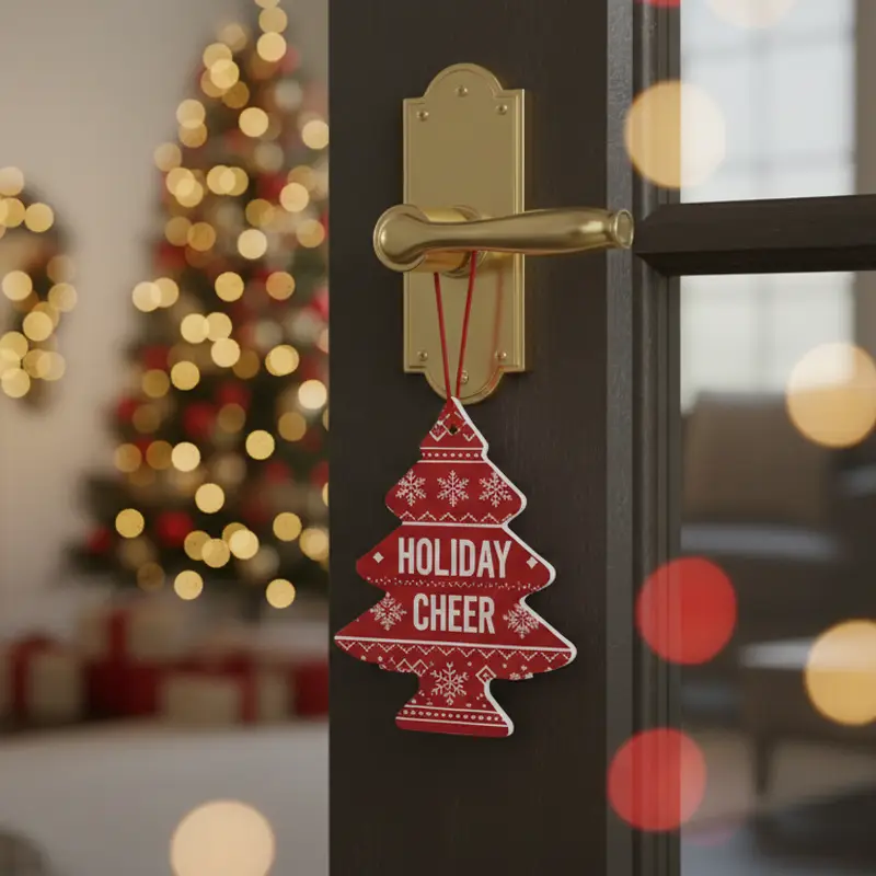 Máy làm mát không khí cây thông Noel treo trên tay nắm cửa trong cảnh nhà nghỉ