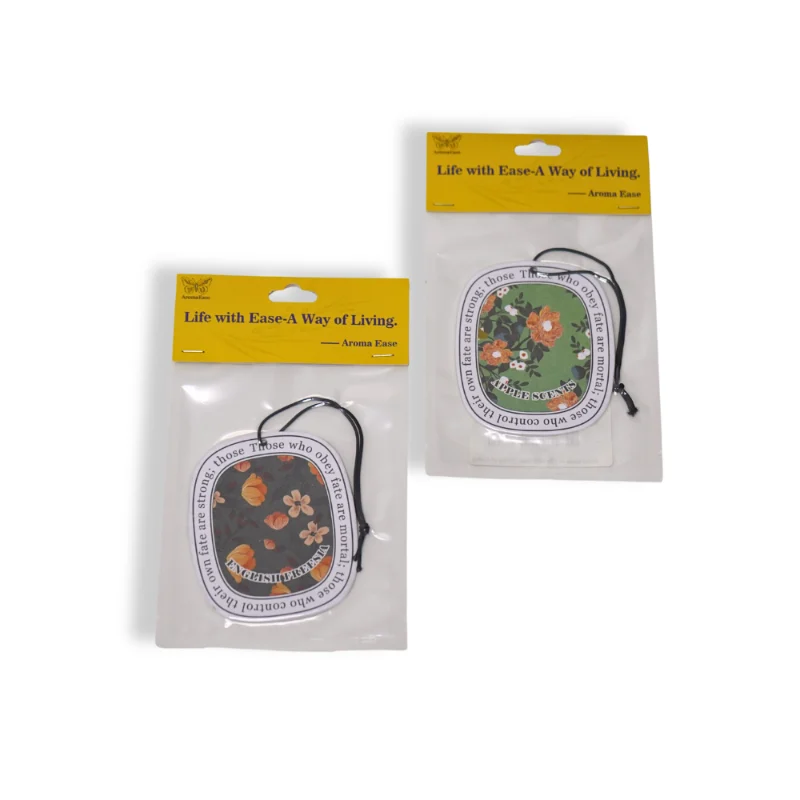 Máy làm mát không khí ô tô bằng giấy hoa trong bao bì chân không bán lẻ - Mặt trước của AromaEase