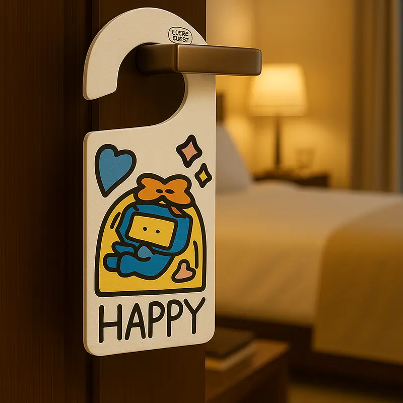 Cảnh cửa khách sạn có phim hoạt hình HAPPY treo máy làm mát không khí thêm hương thơm cho căn phòng