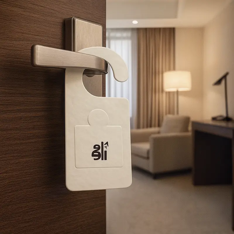 Cửa phòng khách sạn hiển thị thẻ làm mát không khí tối giản màu trắng cho mùi hương tươi mát và chào đón khách