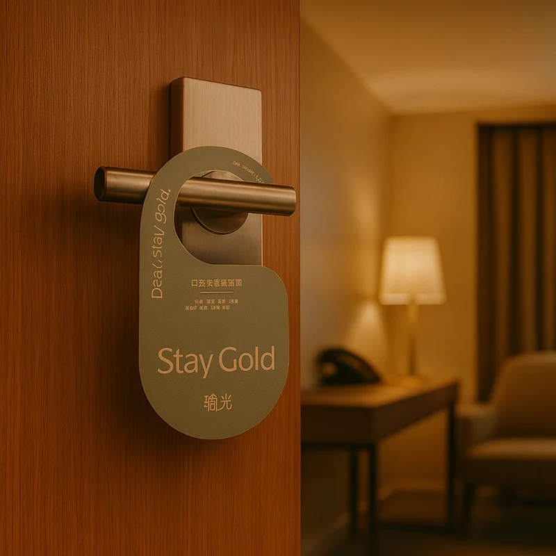 Cửa phòng khách sạn với máy làm mát không khí treo Stay Gold được sử dụng làm thẻ chào đón và làm mới